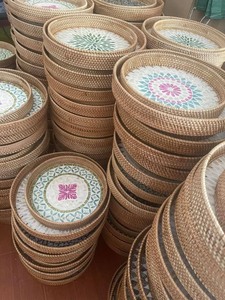 Vietnam Handmade Round Rattan <b>Tray</b> with Green Mother of Pearl Inlay for Home Decoration, <b>Serving</b> Accessories and Retail Supply - Product Image 5