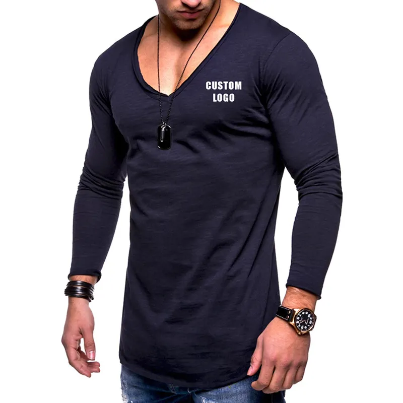Fashion New Men's Long-Sleeved T-Shirt Large Size Slim Autumn V-neck Casual Solid Color Top Shirts