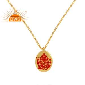 Red Enamel Chain Pendant Jewelry Manufacturer Holy Ganesha Pendant Yellow Gold Plated 925 Silver Jewelry Supplier