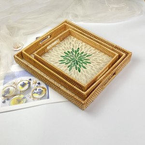 ถาดหวายรูปทรงสี่เหลี่ยมผืนผ้า ประดับมุก ดีไซน์โดดเด่น ถาดตกแต่งบ้าน ทำด้วยมือจากเวียดนาม - Product Image 5
