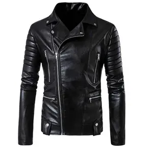 Jaket kulit pengendara sepeda motor pria, jaket kulit asli warna hitam pas di luar ruangan modis pengendara sepeda motor grosir musim dingin