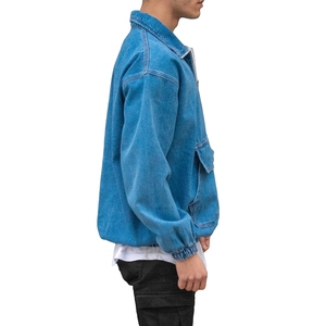 Áo khoác denim nam màu xanh, dáng rộng, 90% cotton 10% polyester, áo dài có túi kangaroo, phong cách đường phố, sản phẩm đặt may OEM - Product Image 5
