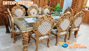 Royal Golden ชุดโต๊ะอาหาร8ที่นั่ง9ชิ้น,ชุดโต๊ะรับประทานอาหารแกะสลักมือห้องอาหารไม้สักสีทองเสร็จสิ้น - Product Image 6