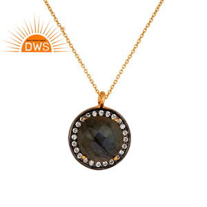 Collier artisanal rond en labradorite avec zircon blanc, plaqué or 18 carats, argent 925, fournisseur de bijoux - Product Image 1