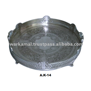 High Quality Silver Brass Coffee Tea <b>Tray</b> <b>Round</b> Shape Garden Party <b>Serving</b> <b>Tray</b> With Handle - Product Image 2