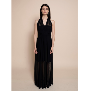 Robe longue de qualité italienne supérieure en tulle, à épaules dénudées, avec longues bandes à nouer au cou, pour soirée. - Product Image 4