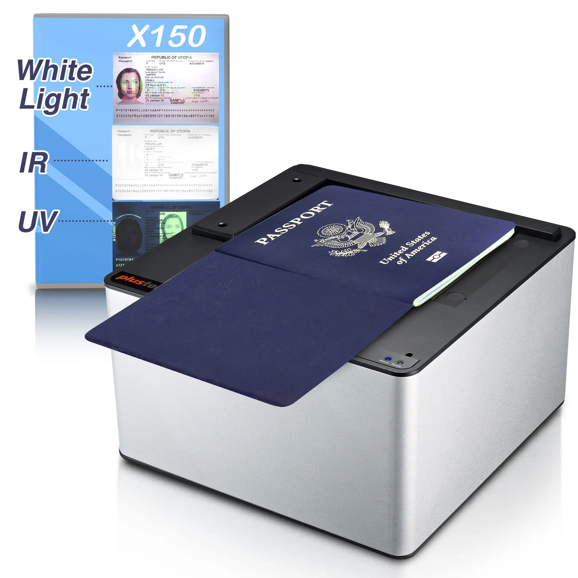 Plustek — Scanner de passeport X150, lecteur de passeport avec lumière blanche, anti UV, carte d'identité, permis de conduire, MRZ TD 1 2 3 ICAO DOC 9303