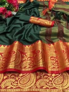 ชุดส่าหรีผ้าฝ้ายบริสุทธิ์ผ่านการรับรองแล้ว,เสื้อเบลาส์แต่งขอบตัดกันดีไซน์สุดพิเศษพร้อมปาลลูคอนทราสท์ - Product Image 3