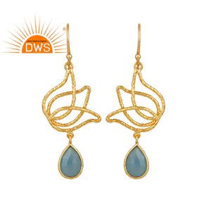 Pendientes de piedras preciosas de Calcedonia azul, joyería de plata de Jaipur con forma de flor de loto, aretes chapados en oro y plata 925, venta al por mayor - Product Image 1