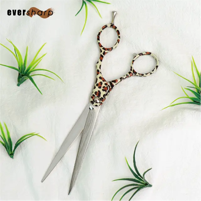 5.75 Inch Straight Barber Scissors Offset Handle Leopard Print Hairdressers Useful Tools Fixed Finger Rest Hair Cutting Shears