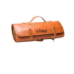 Высококачественный кожаный вощеный холщовый набор инструментов шеф-повара с индивидуальным логотипом, сумка для хранения кожаных ножей в рулоне, сумка для шеф-повара
