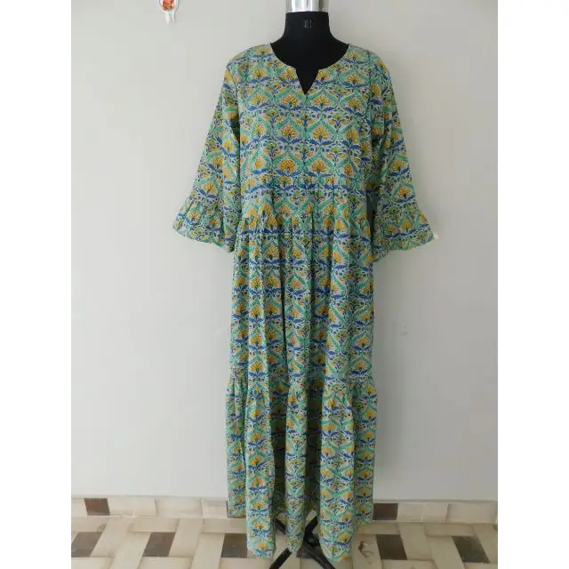 Vestido casual de algodão puro artesanal, vestido com estampa de bloco de mão feminino, floral duplo