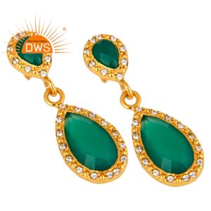 Dernières tendances 2026 : Boucles d'oreilles pendantes plaquées or avec onyx vert naturel et pierres de zirconium pour femmes - Fabricant de bijoux - Product Image 2