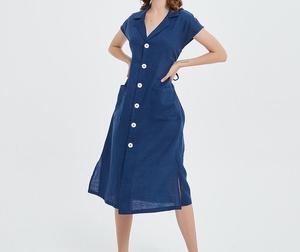 Robe chemise en lin noir, col à revers, boutonnée sur le devant, ourlet fendu, longueur midi, tenue formelle ou quotidienne, manches courtes, couleur unie, tissu tissé - Product Image 5