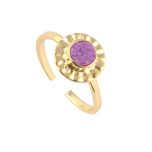 Bijoux minimalistes bague d'usure quotidienne résine naturelle sucre violet druzy bague réglable laiton plaqué or forme ronde druzy bague - Product Image 1