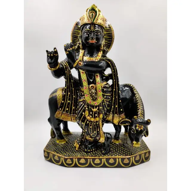 Черный камень Krishna с коровой лорд Krishna Мраморная Статуя Бога полированный мрамор большой храм резной дизайн Mandir