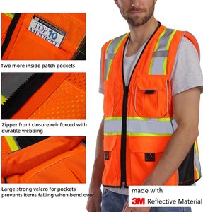 เสื้อกั๊กนิรภัยสีส้ม Hi VIS สำหรับก่อสร้างเสื้อกั๊กรักษาความปลอดภัยออกแบบได้ตามต้องการพร้อมโลโก้ที่มองเห็นได้ชัดเจนกันน้ำ - Product Image 4