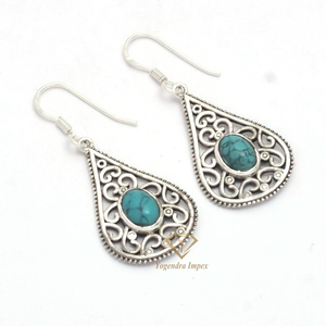 Boucles d'oreilles pendantes élégantes en pierre Turquoise naturelle, boucles d'oreilles Boho faites à la main en argent Sterling 925 pour fabricant et fournisseur - Product Image 1