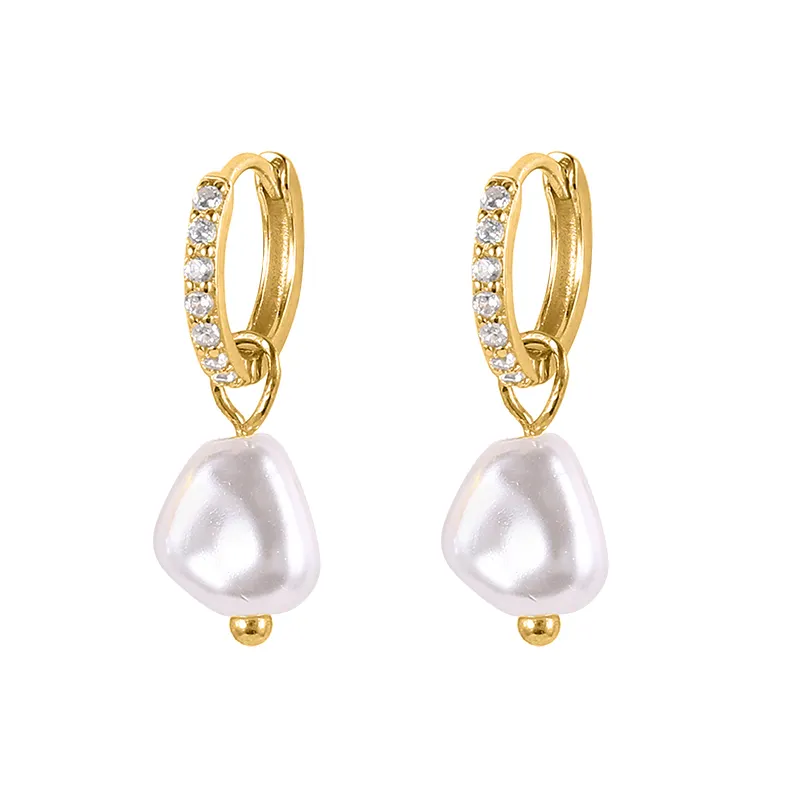 CANNER Rhinestone Dangle Crystal Dangling 18k Gold Plated Baroque Hoop Fresh Water Stud Drop Water Pearl Earring