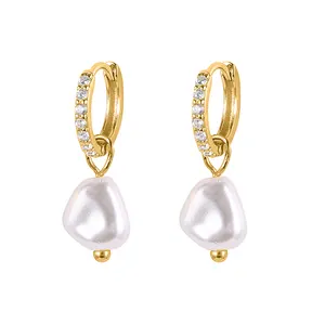 CANNER Rhinestone Dangle Crystal Dangling 18k Gold Plated Baroque Hoop Fresh Water Stud Drop Water Pearl Earring