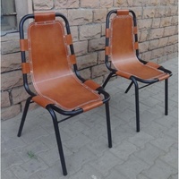 Chaise de salle à manger industrielle vintage rétro en cuir de chèvre véritable avec structure métallique, empilable, couleur marron, pour la maison ou la salle à manger de style safari