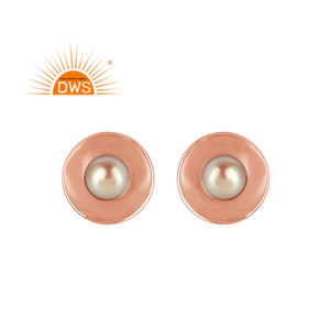 Boucles d'oreilles clous en argent 925 plaqué or rose avec pierres précieuses grises nacrées de forme ronde, fournisseur de bijoux, collection classique - Product Image 1