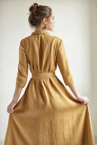 Robe de cérémonie pour femme en crêpe de lin pur couleur dorée, col en V, manches longues, respirante, longueur genou, nouvelle arrivée pour les fêtes - Product Image 3