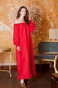 Robe longue rouge à épaules dénudées, manches longues, ourlet droit, coupe ample, style formel d'été, couleur unie, 100% lin, crêpe respirant - Product Image 3