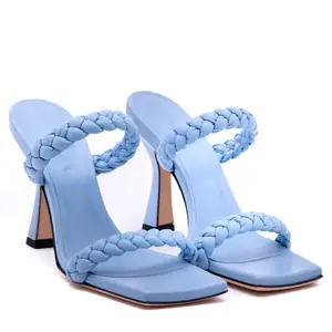 鞋类厂家定制Logo时尚潮流蓝色PU皮革高跟鞋女士拖鞋凉鞋