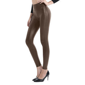 Custom Black Artificial Leather Women's Hip Hop Pants Plus Size Stretchable <b>Leggings</b> with Button Decoration Breathable Washed - Product Image 3