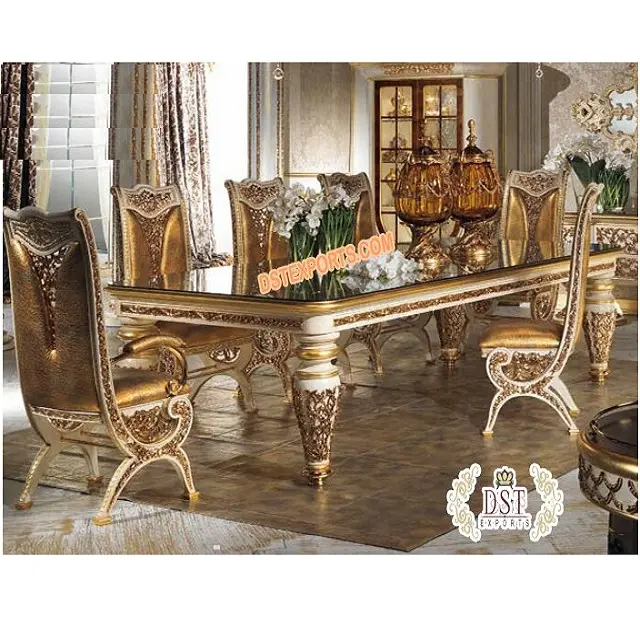Qualità Premium tavolo da pranzo in legno di Teak mobili in lamina dorata barocca mobili da pranzo Set stile italiano intagliato tavolo da pranzo