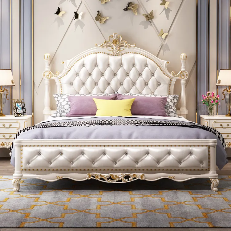 Деревянная резная вручную мебель для спальни в европейском стиле белая роскошная двуспальная кровать