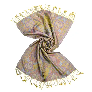 Mooie Gouden Zijden Sjaal Met Jacquard Paisley Patroon Handgemaakte Luxe Merk Sjaal Exporteur In Indiaas Bedrijf