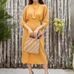 Femmes été Midi lin coton robe col rond manches courtes fente broderie formelle décontracté grande taille avec ceinture haut court - Product Image 2