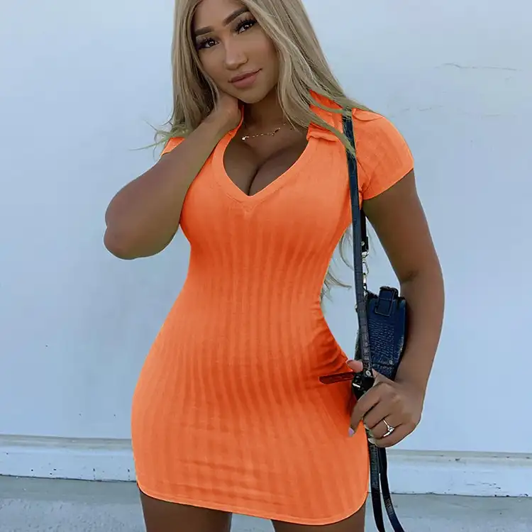 2021 летние женские повседневные платья с V-образным вырезом и коротким рукавом, женское облегающее платье в рубчик оранжевого, фиолетового, цельнокроеное женское простое мини-платье