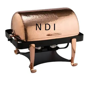 Hammered Design Food Server Chafing Dish With Burner Stand Roll Top Rectangular Copper Metal Chafing Dish