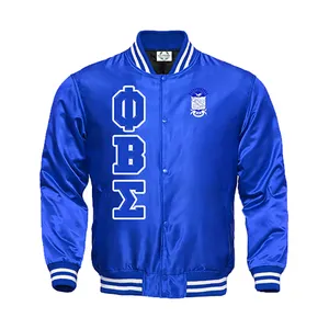 Custom Borduurwerk Patches Varsity Jacks 100% Polyester Blauw Satijn Zijde College Honkbal Griekse Broederschap En Studentenvereniging Jas