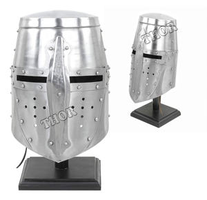 Casco de armadura de caballero cruzado templario medieval plateado pulido con soporte de madera usable para adultos - Product Image 6