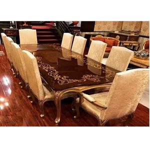 Ensemble de table à manger sculptée à la main en bois de luxe finition marbre classique avec dessus en bois de teck brillant moderne taille et couleur personnalisées - Product Image 1