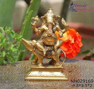 งานฝีมือนิรมลา รูปปั้นพระพิฆเนศทองเหลืองนั่งบนฐานมูชาค พร้อมรูปปั้นหนูวินายากา มูรตี ผลิตในรัฐราชสถาน ทำด้วยมือ - Product Image 2