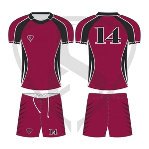 Ensemble de maillot de rugby personnalisé sublimé pour homme, bordeaux et noir, manches courtes, anti-humidité, coupe athlétique, short à cordon de serrage, numéro d'équipe 1 - Product Image 1