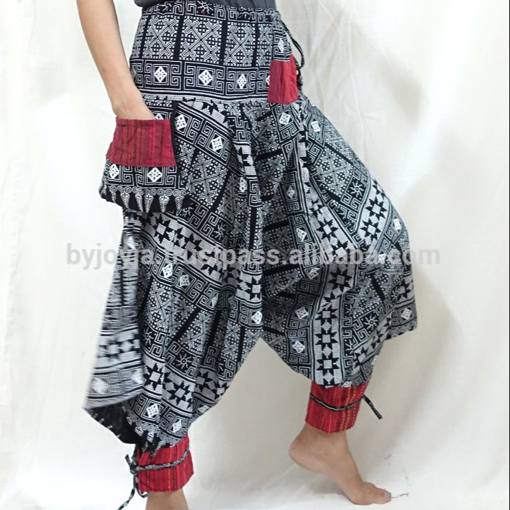 Хлопковые шаровары с цветным принтом 100% в стиле хиппи бохо, цыганские штаны для йоги, племенные брюки Hmong, Брюки Aladdin Samurai с заниженной промежностью