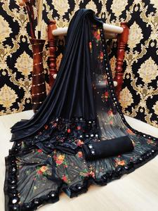 New Latest Heavy Designer Party Wear Saree Beautiful Red Color Net <b>Fabric</b> Sari with Joint Unstitched Blouse by Ethnic Clothing Garment - Product Image 4