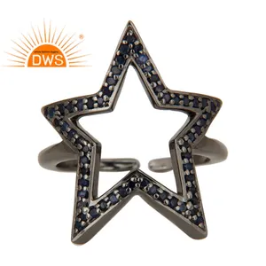 Star Design Pave Set Natural Blue Sapphire Gemstone Ring Supplier Sterling Silver Ring Silver Jewelry Manufacturer