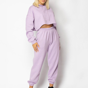 100% poliéster hecho para mujer Jogger Set Crop Tops sudaderas con capucha para damas - Product Image 2