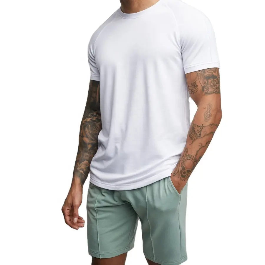 Ultimo nuovo della molla di colore solido shorts set uomo bianco t shirt commercio all'ingrosso di t del cotone di estate bicchierini degli uomini elastico materiale personalizzato