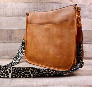Vegan Leather Crossbody <b>Purse</b> with Leopard Guitar Strap | <b>Cute</b> Camel Brown Leather Bag with Changeable Strap Option | Faux Leath - Product Image 1