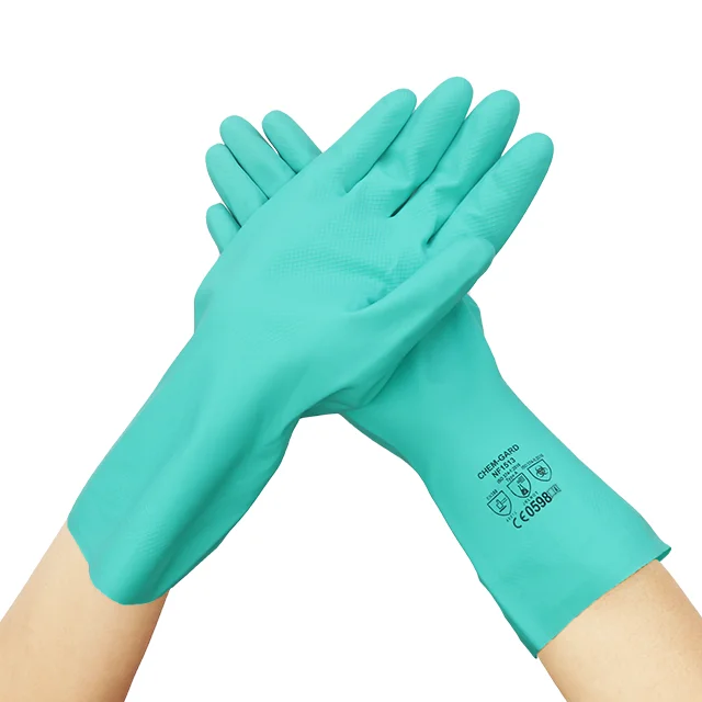 chemical resistant green nitrile gloves non slip flocklined work gloves  safety gloves for oil grease and industry uses