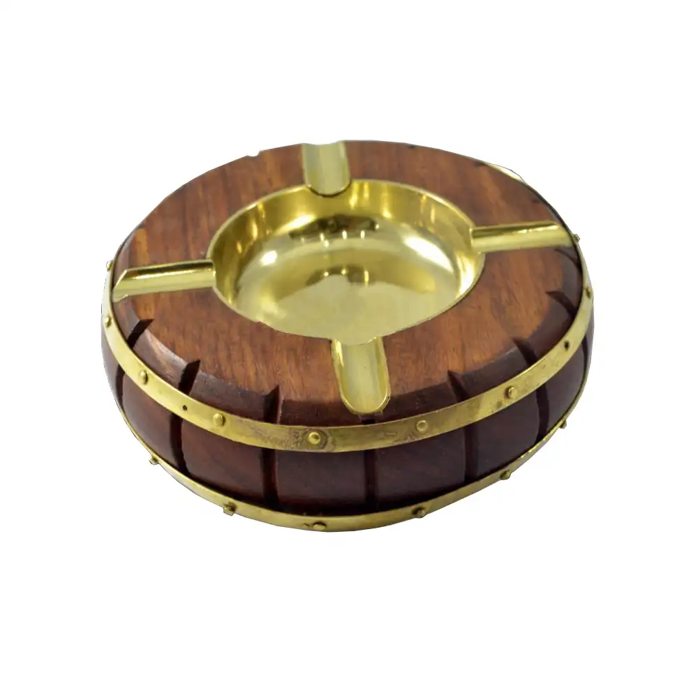 Home Decorative Wooden Craved Ashtray with Brass round Inlay Ashtray for Home Decoration Antique Ashtray