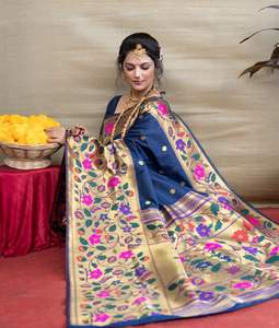 Nuevo Sari Paithani Tradicional Indio, Atractivo, de Seda Pura Suave con Bordado Zari Dorado, Tejido a Mano, para Mujer, Venta al por Mayor en Línea - Product Image 3